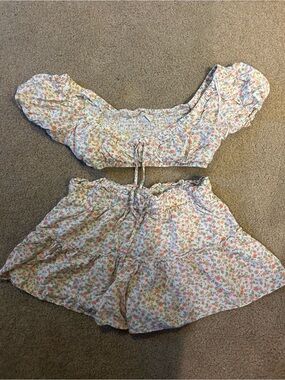 Aeropostale White Floral Smocked Two-Piece Set with Pink & Green Accents